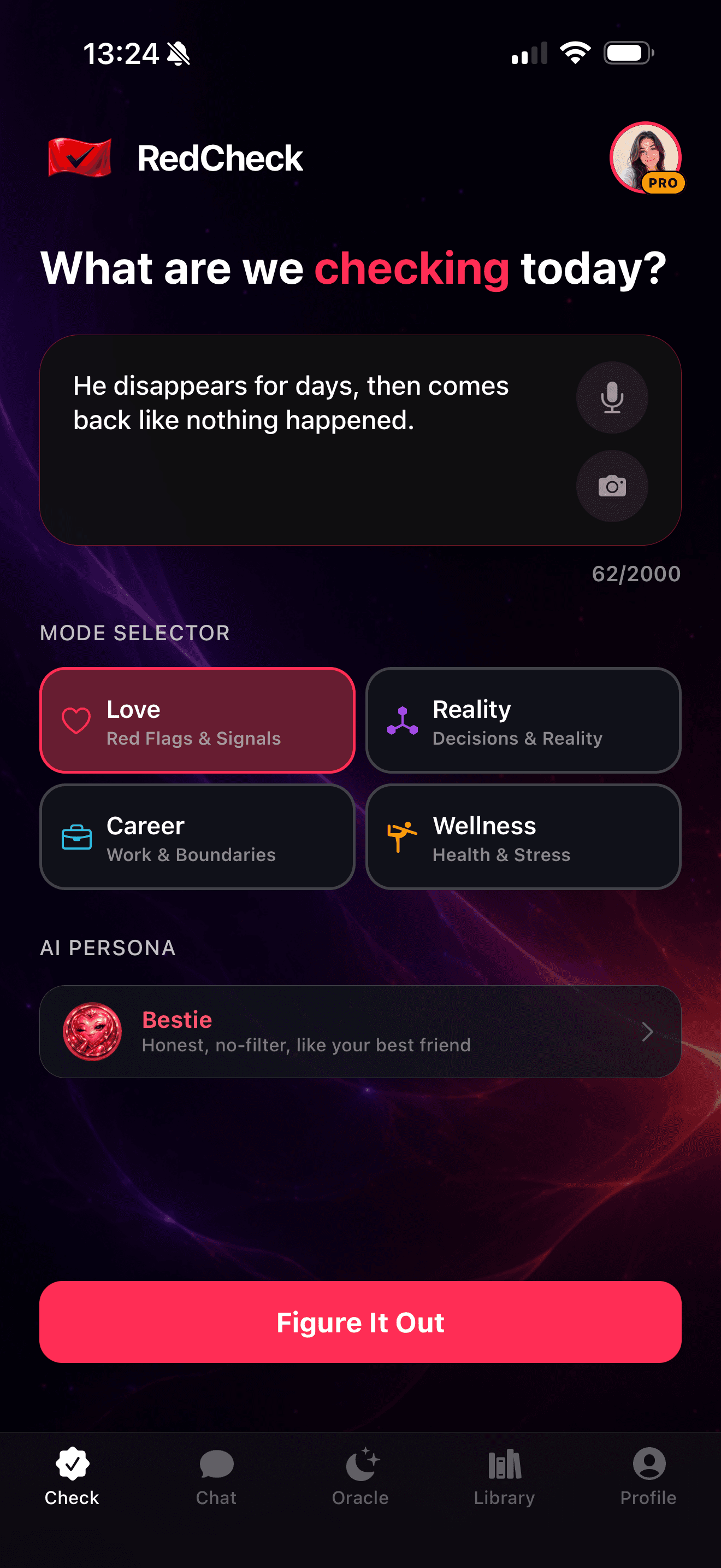 RedCheck situation input screen for checking a relationship signal.